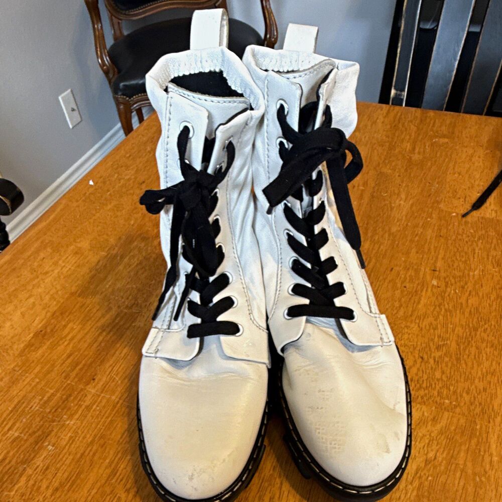 rag & bone Women’s White/Black Leather Combat Ankle Boots Lace-Up Round Toe